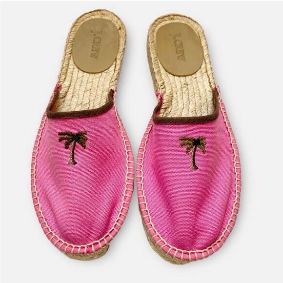 J. Crew Hot Pink Canvas Slip On Mules with Embroidered Palm Trees Sz 8 - Picture 2 of 9